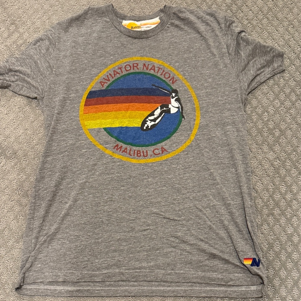 Aviator Nation Gray Tee with Rainbow Graphic